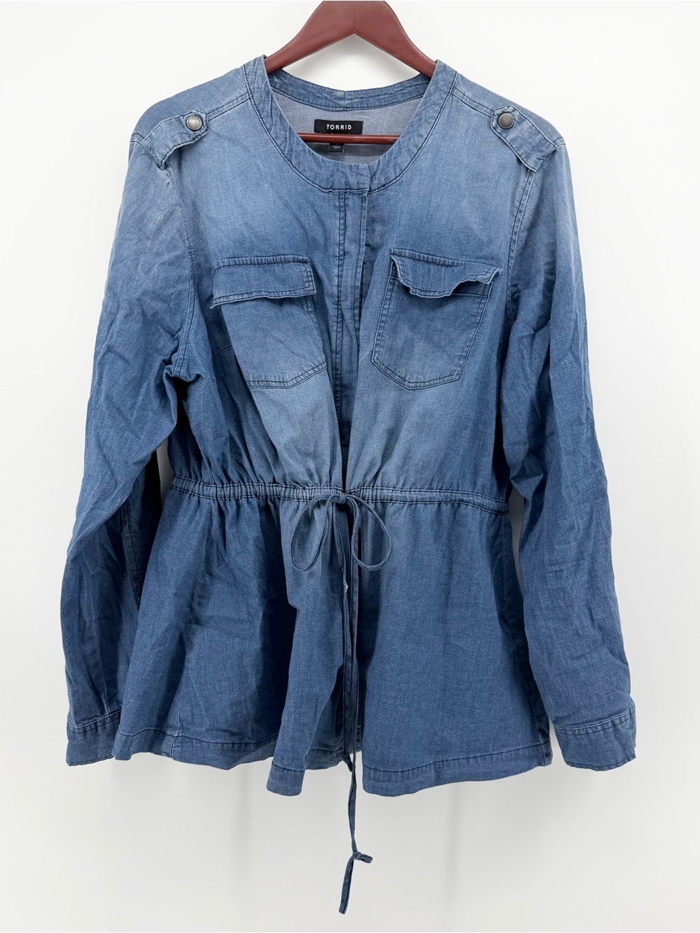 Torrid Plus Size‎ 1 / 1X Chambray Tie Waist Utility Jacket Blue Denim Shacket
